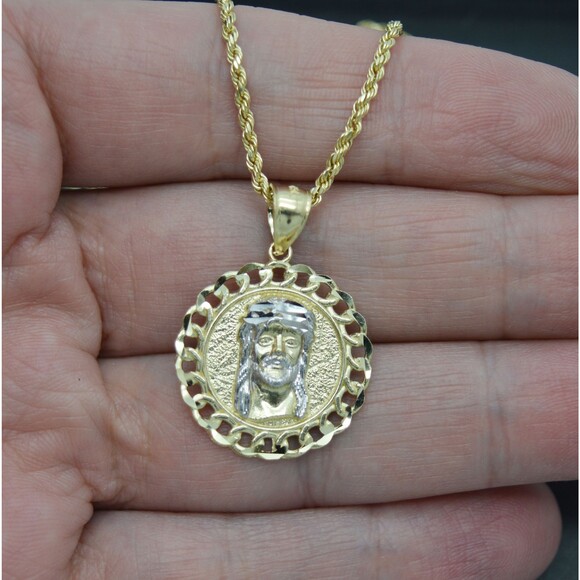 Real 10K Yellow Solid Gold Jesus Cuban Medallion Pendant + Rope Chain 16